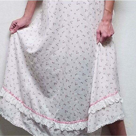 Vintage 1970s Pink Floral Lace Lattice Ribbon Bustier Antebellum Maxi Dress - Picture 5 of 16